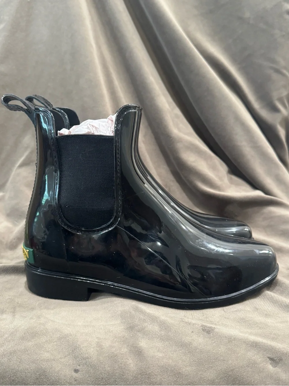 Lauren Ralph Lauren Black Patent Chelsea Rain Boots with Logo Heel
